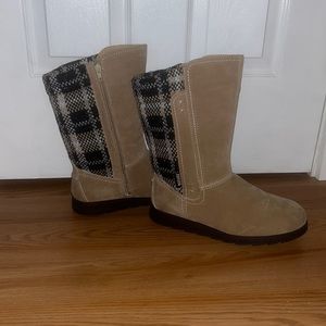 Muk Luk Size 10 tan and plaid boots.